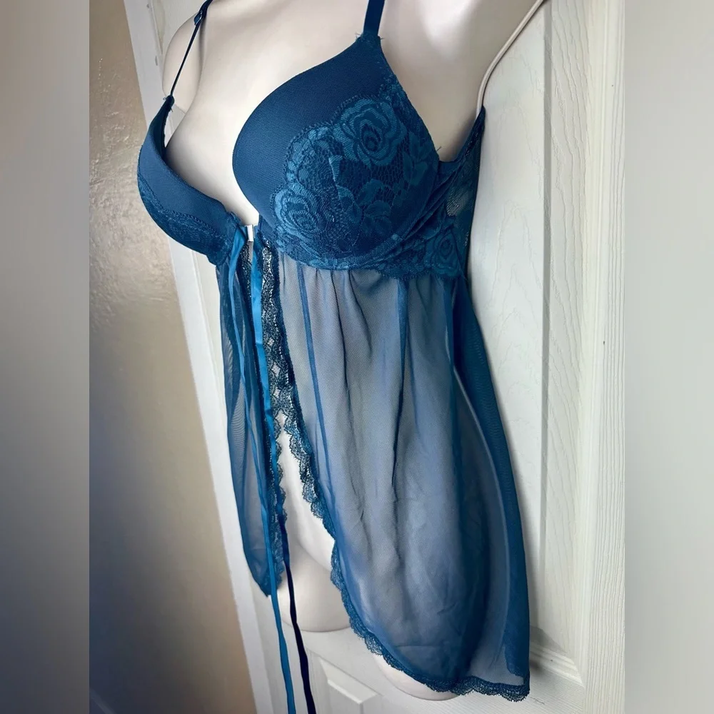 Fashion Nova Sheer Lace Babydoll Chemise in Teal Medium